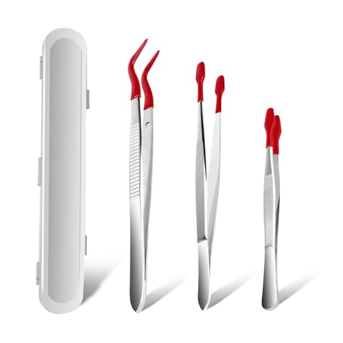 3PCS Tip Tweezers, Silicone Rubber Flat Tipped Tweezers Bent Tip for Jewelry Coin Stamp (Red) - color: Red