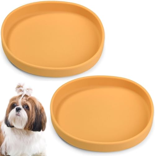 Silicone Dog Food Plate Shallow Dog Bowl Flat Cat Dish Small Puppy Plates for Small Dogs and Cats Whisker Fatigue Pet Feeding Bowls for Dry and Wet Food (Light Brown) - color: 2 Pcs - (Yellow)