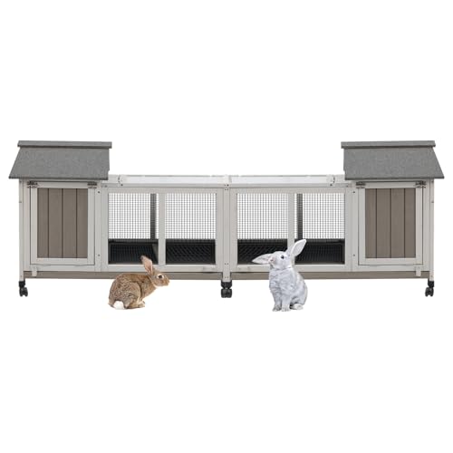 Gowoodhut 76.38"L Rabbit Hutch Indoor and Outdoor with 8 Wheels,Wooden Rabbit Cage with Pull Out Leak-Proof Tray for 2-4 Rabbits,Bunny Hutch with Asphalt Roof Suitable for Garden,Park,Living Room,Grey - size: PET30-DOUBLE