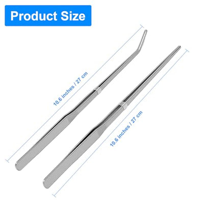 2 Pcs Reptile Feeding Tongs, 10.6IN Straight & Curved Extra Long Tweezers, Premium Stainless Steel Feeding Tools for Bearded Dragon, Lizards, Snakes, Aquarium & Terrarium