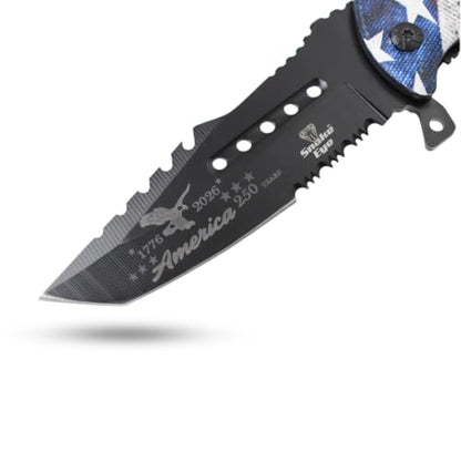 Snake Eye Tactical 8.5" Heavy Duty Folding Pocket Knife – Black Reverse Tanto Half Serrated 3CR13 Steel Blade, Printed Metal Declaration of Independence Flag Handle, 250th Anniversary Edition - color: USA Flag