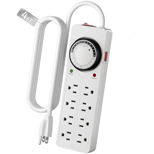 BN-LINK 8 Outlet Surge Protector with Mechanical Timer, 4 Timed & 4 Always-On Outlets, ETL Listed, 4ft Cord, 1875W, for Aquarium, Grow Lights, Christmas Decor, White