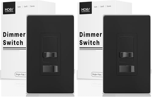 MOES Black Dimmer Light Switch, 3 Way & Single Pole Dimmable for LED, CFL, Incandescent, Halogen, 600Watt Max, ON/Off with Dimming Slide for Bedroom Hallway, No Neutral Wire Required (Pack of 2) - color: Black, size: 2 Pack with Wall Plate