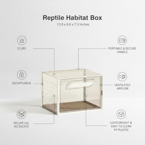 Reptile Habitat Box with Handle, Ventilated PP Plastic Terrarium for Geckos and Lizards, Portable Enclosure with Secure Lid, 13.8 x 9.8 x 7.3 Inches (1 PC)