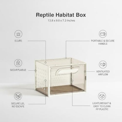 Reptile Habitat Box with Handle, Ventilated PP Plastic Terrarium for Geckos and Lizards, Portable Enclosure with Secure Lid, 13.8 x 9.8 x 7.3 Inches (1 PC)