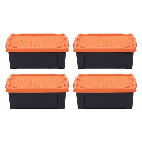 IRIS USA 4 Pack 12 Gallon Lockable Storage Bins, Heavy Duty Stackable Containers with Lids for Garage Organization or Moving, Black/Orange - size: Size_12 Gal - 4 Pack