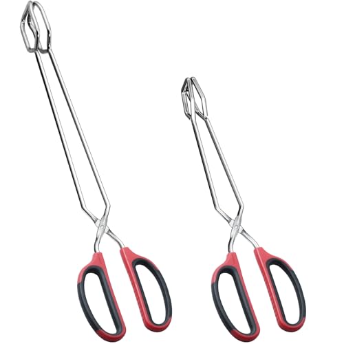 HINMAY 12" 16" Extra Long Stainless Steel Kitchen Scissor Tongs Set (Red) | Set of 2, Non-Slip Comfortable Red Grip, Scissor Design, Heat Resistant for Cooking Grilling and Serving - color: Red, size: 12" 16"