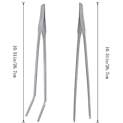 2 Pcs Feeding Tongs, Aquarium Tweezers Stainless Steel Straight and Curved Tweezers Set 27cm/10.6 inches Aquascaping Tools for Hold Worms, Reptiles, Lizards, Bearded Dragon (Silver)