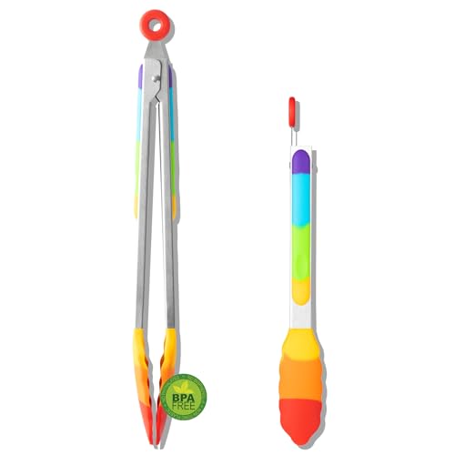 OYV Rainbow Silicone Tongs for Cooking, Heat Resistant Kitchen Tongs for Salad, Grilling, Cooking, 304 Stainless Steel Locking and BPA Free Silicone Tips Set of 2, 9 and 12 Inch - color: Rainbow