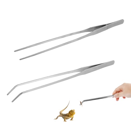 2Pcs Reptile Feeding Tongs with Rubber Tip, 10.6 Inch Stainless Steel Straight and Curved Extra Long Tweezers for Aquarium, Snakes, Turtles, Salamanders, Lizards Feeding (2 pcs)