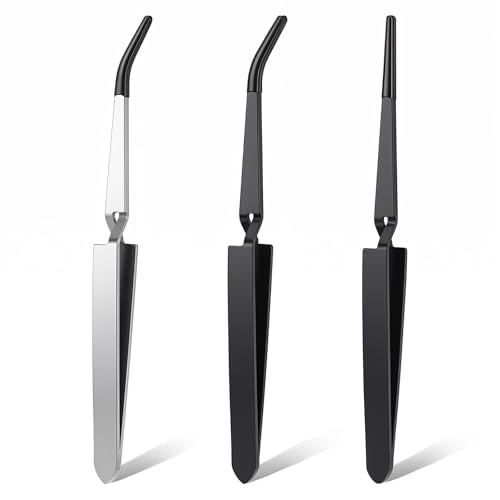 3 Pack Reverse Tweezers, ESD Safe Cross-Locking Tweezers Set | stainless steel reverse tweezers with non-slip rubber tips.Ideal for electronics repair, jewelry making, crafts, soldering