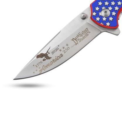 Snake Eye Tactical 7.75" Folding Pocket Knife – 420 Stainless Steel Fine Edge Blade, Metal Handle with Wavy USA Flag Graphic, Pocket Clip, 250th Anniversary Edition - color: American Flag