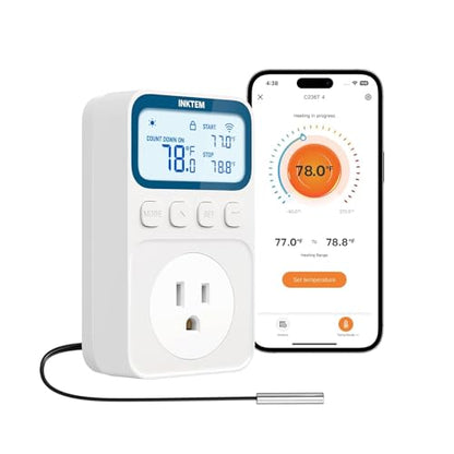 WiFi Plug in Thermostat Outlet, Temperature Controlled Outlet with Smart APP, Timer & Memory Digital Temp Controller -40~212℉, IP67 Waterproof Probe for Incubator Homebrew Reptile Space Heater | 16A