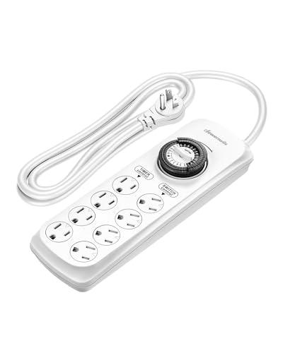 DEWENWILS Mechanical Power Strip with 8 Outlets, Flat Plug, 6ft Long Cord, Overload Protection, Indoor Controller for Bearded Dragon Tanks, Aquarium, Grow Lights, Plants, Reptile Light, UL Listed - color: White