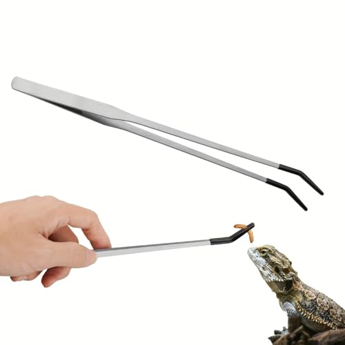 Stainless Steel Reptile Feeding Tongs with Rubber Tips, 10.6" Curved Long Tweezers for Aquarium Or Crafts, Bearded Dragon Tank Additions(3pcs, Silver) - color: Silver