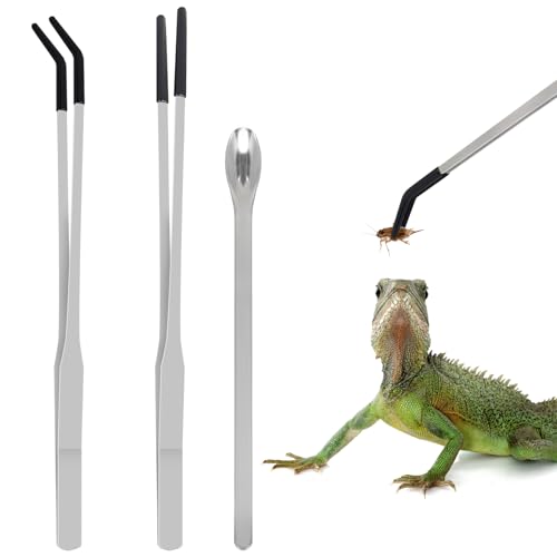 LIQALU 3 Pcs Long Aquarium Tweezers Straight and Curved Tweezers-10.63",Feeding Spoon-8.54", Stainless Steel Reptile Feeding Tongs Tools Feeder for Lizards, Bearded Dragon, Snake Tank Accessories