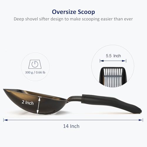 WePet Cat Litter Scoop, Non-Stick Plated Aluminum Alloy Sifter, Kitty Durable Metal Scooper, Deep Shovel, Long Handle, Kitten Pooper Lifter, Size Large, Coated Black Body with Black Handle - color: #06 Black, size: Large