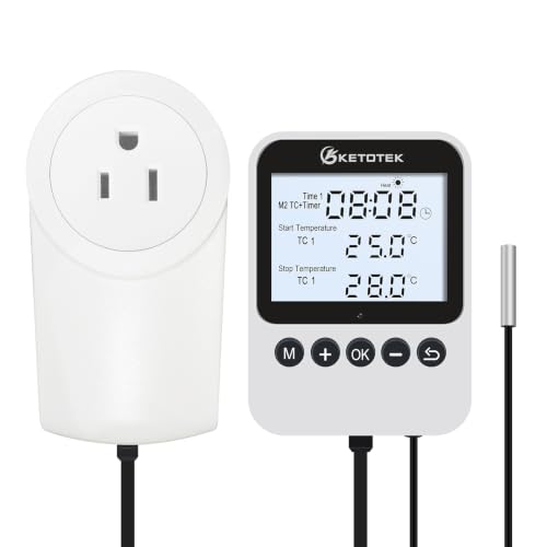 KETOTEK 3-in-1 Plug-in Thermostat Outlet, Digital Day/Night Temperature Controller with Timer & Probe for Reptile Terrarium, Greenhouse & Brewing — Heating & Cooling Mode, 120V, °F/°C Switchable
