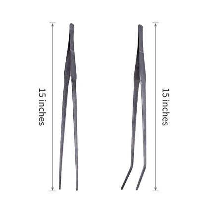 Extra Long Handle Aquarium Tweezers Serving Tongs Feed clamp,2 Pack Stainless Steel Straight and Curved Tweezers Set for Fish Tank Plants Reptile Feeding Tongs（15 Inchs）