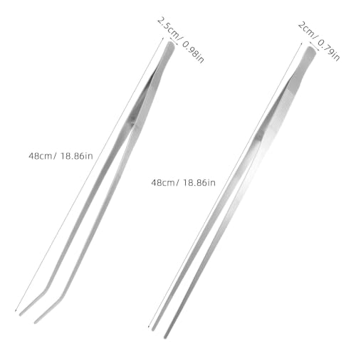 Lurrose 2pcs Long Tweezers - 19" Stainless Steel Straight and Curved Tweezers with Serrated Tips - Precision Tongs for Bathroom Kitchen Sink Drain Reptile Feeding & Aquarium Cleaning