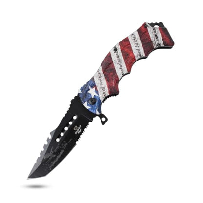 Snake Eye Tactical 8.5" Heavy Duty Folding Pocket Knife – Black Reverse Tanto Half Serrated 3CR13 Steel Blade, Printed Metal Declaration of Independence Flag Handle, 250th Anniversary Edition - color: USA Flag