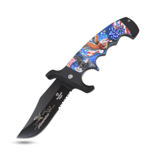 Snake Eye Tactical 9" Folding Pocket Knife – 4" Black 440 Stainless Steel Half Serrated Blade, 5" Patriotic American Flag & Eagle Printed Handle, Pocket Clip, 250th Anniversary Edition - color: Black