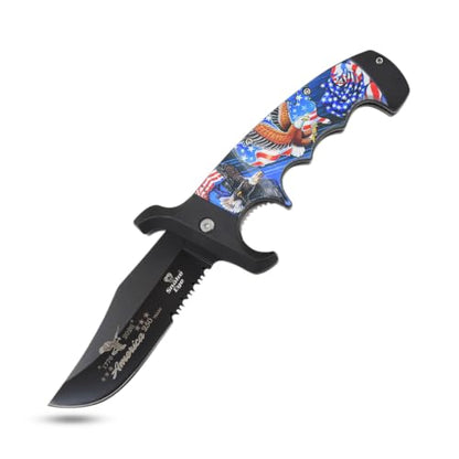 Snake Eye Tactical 9" Folding Pocket Knife – 4" Black 440 Stainless Steel Half Serrated Blade, 5" Patriotic American Flag & Eagle Printed Handle, Pocket Clip, 250th Anniversary Edition - color: Black