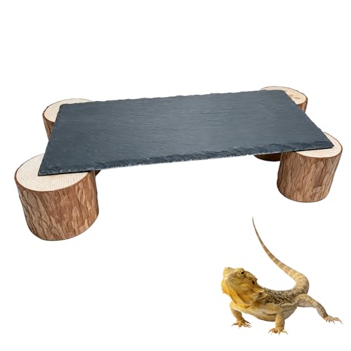 Reptiles Basking Platform with Wooden Pile, 11.8×6×2.4", Extra Large Slate Rocks for Bearded Dragon, Basking Rock for Tortoise Turtle Ball Python Snake Lizard Gecko Chameleon Hideout