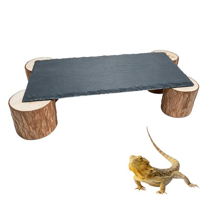 Reptiles Basking Platform with Wooden Pile, 11.8×6×2.4", Extra Large Slate Rocks for Bearded Dragon, Basking Rock for Tortoise Turtle Ball Python Snake Lizard Gecko Chameleon Hideout