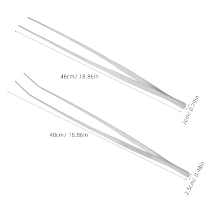 Lurrose 2pcs Long Tweezers - 19" Stainless Steel Straight and Curved Tweezers with Serrated Tips - Precision Tongs for Bathroom Kitchen Sink Drain Reptile Feeding & Aquarium Cleaning