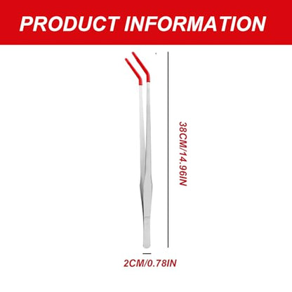 Feeding Tongs, 15 Inch Extra Long Stainless Steel Aquarium Tongs with Rubber Tip, Curved Long Tweezers Terrarium Feeder Tool for Reptile Tank Accessories