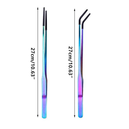2PCS Stainless Steel Feeding Tongs, Long Handle Straight & Curved Tweezers with Soft Silicone Tips for Reptile Gecko Aquarium Plant Terrarium - color: Colourful And Black Vinyl Tip