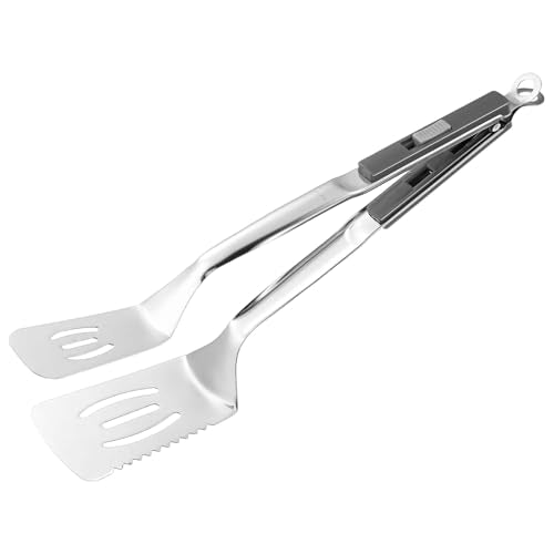 M METERXITY Spatula Tongs, 13.4 Inch 304 Stainless Steel Anti-Scald Extended Serrated Multifunctional Flipper Grill Clamp for Cooking/Barbecue, Kitchen Cooking Tong [Gray Handle, Silver Tone] - color: Gray Handle, Silver Tone
