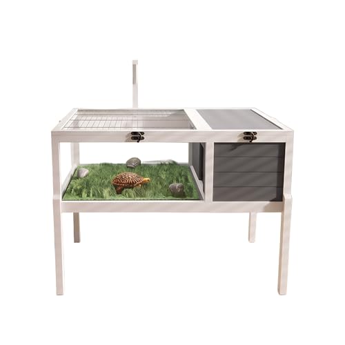 39.5" Large Wooden Reptile Habitat Tortoise House with Lamp Holder, Clear View Window & 2 Waterproof Trays, Detachable Legs Indoor Outdoor Enclosure for Turtles Lizards Geckos Small Pets