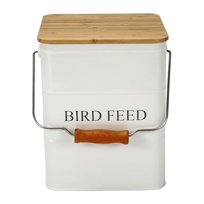 Morezi Bird Treat and Food Storage tin with Wooden lid and Scoop Included - White Powder - Carbon Steel - Birds Food bin - pet Food Container Storage Canister - color: White wood lid