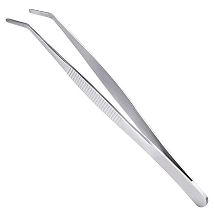 Long Forceps Tweezers, Serrated Bent Flat Tips Precision Curved Science Surgical Tongs Jewelers Needle Metal Sewing Sharp Small Kitchen Cooking Tweezers With Teeth Knurled Handles (1PCS) - color: Bent -1pcs-8inch