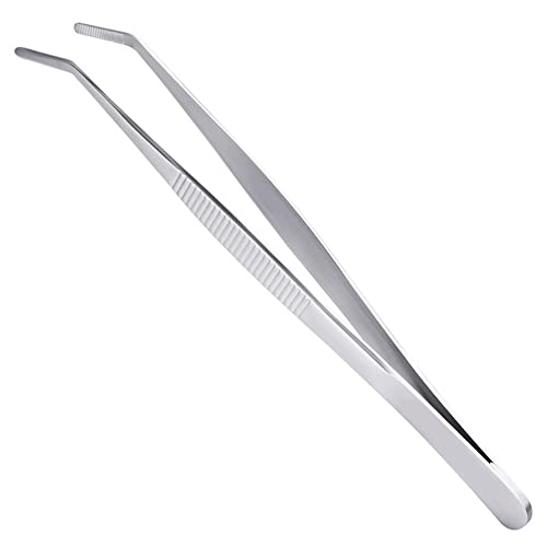 5.5 Inch Bent Tip Long Forceps Tweezers, Serrated Flat Tips Precision Curved Surgical Tongs Jewelers Needle Metal Sewing Sharp Kitchen Cooking Tweezers With Teeth Knurled Handles (1PCS-140mm) - color: Bent-1pcs-5.5inch