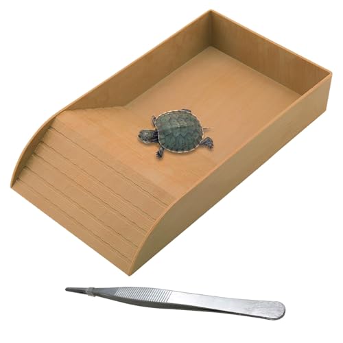 kathson Reptile Tortoise Turtle Feeding Dish with Ramp and Basking Platform Plastic Turtle Food and Water Bowl Also Fit for Bath Horned Frogs Lizards Amphibians (Brown, Emulational Wood) - color: Style 1-Brown, size: 14" L x 7.87" W x 2.36" H