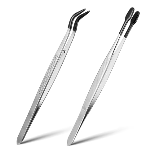 2Pcs Tweezers With Rubber Tips Silicone Tipped Tweezers Pvc Rubber Coated Tweezer Set Non Marring Tweezers Flat Tip Long Tweezer Stamp Coins Jewelry Crafts Industrial Electronic Tweezer Tools (Black)