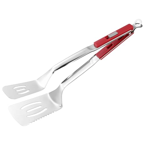 M METERXITY Spatula Tongs, 13.4 Inch 304 Stainless Steel Anti-Scald Extended Serrated Multifunctional Flipper Grill Clamp for Cooking/Barbecue, Kitchen Cooking Tong [Red Handle, Silver Tone] - color: Red Handle, Silver Tone