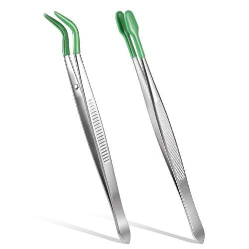 Rubber Tipped Tweezers, 2 Pcs PVC Coated Tweezers for Crafting Long Bent and Straight Flat Tip Precision Tweezers for Crafts Stamps Coin Beads Jewelry Industrial Electronic Lab (Green) - color: Green