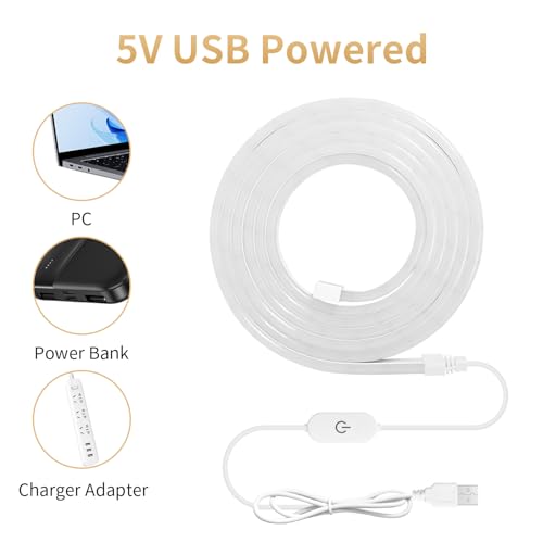iNextStation USB LED Neon Lights Strip White, 6.6ft 5V Neon Rope Lights Waterproof Flexible Dimmable LED Neon Tape Lights for TV Backlight, Bedroom, Cabinet, Kitchen, DIY Lighting