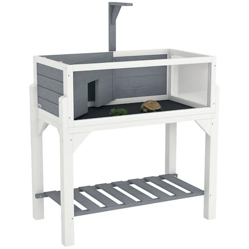 PawHut Tortoise Habitat with Storage Shelf, Wooden Tortoise Enclosure with Clear Windows, Lamp Holder, Openable Top, Built-in Tray, Reptile Cage for Indoor Outdoor Use, Gray - color: Gray