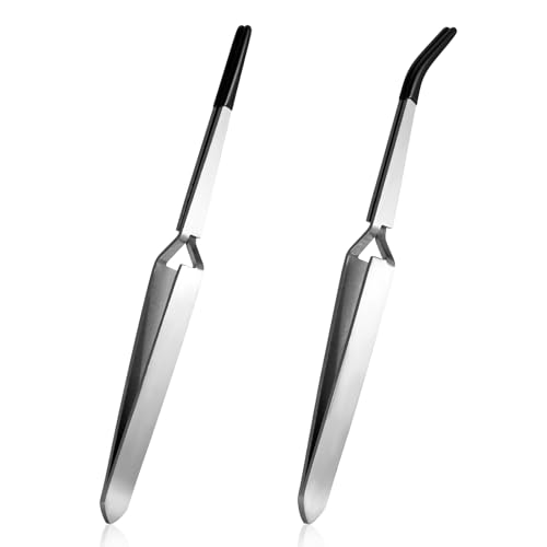 Reverse Tweezers for Crafting, 2 Pcs Reverse Tweezers with Silicone Tips, Craft Tweezer with Curved and Straight Tips, Precision Tweezer Set for Crafts Jewelry Beads Electronic - color: Silver