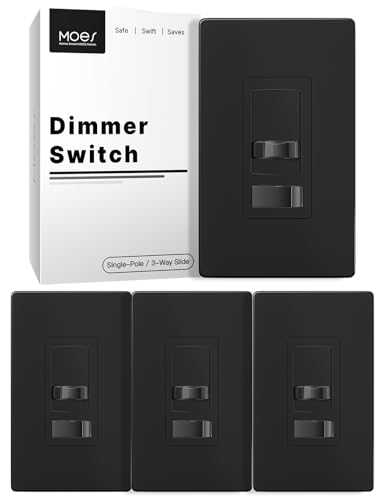 MOES Black Dimmer Light Switches 4 Pack, 3 Way & Single Pole Dimmable Switch for LED,CFL,Incandescent,Halogen, 600Watt Max, ON/Off Switch with Dimming Slide, No Neutral Wire Required - color: Black, size: 4 Pack