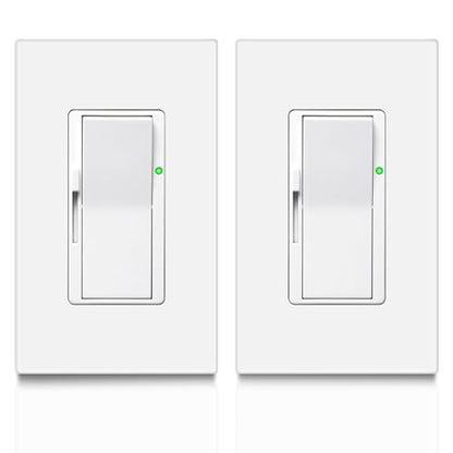 Veltrone White Dimmer Light Switch, Single Pole Slide Dimmer Switches for LED Lights, 5A 600W / 10A 1200W, Flame Retardant 2Pack