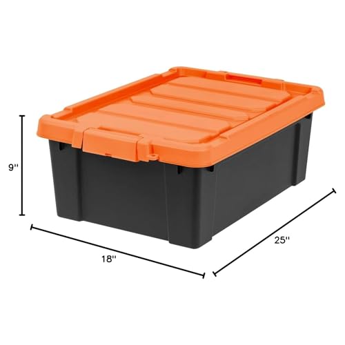 IRIS USA 12 Gallon Lockable Storage Bins with Lids, 2 Pack - Made in USA, Heavy Duty, Stackable Containers, Garage Organizing Bins Moving Tubs, Rugged Sturdy Equipment Utility Box - Black/Orange - size: 12 Gal - 2 Pack