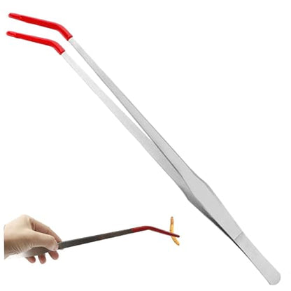 Long Tweezers, Feeding Tongs, 15 Inch Extra Long Stainless Steel Aquarium Tongs with Rubber Tip, Curved Tweezers Terrarium Feeder Tool for Reptile Tank Accessories