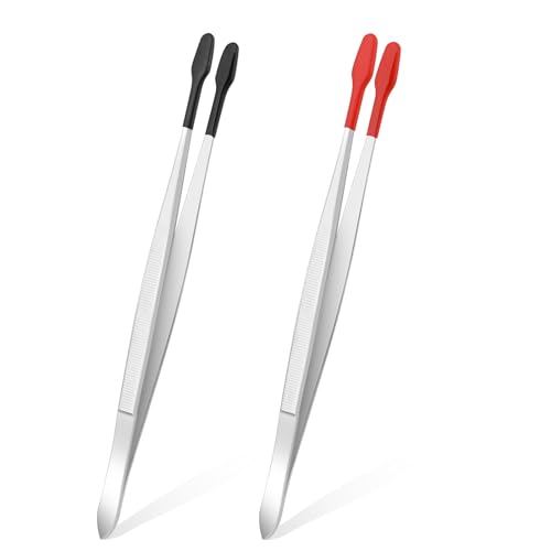 Amabro 2 PCS PVC Coated Flat Tipped Tweezers, Non Marring Flat Tip Tweezers Stainless Steel Pincettes Non-Slip Forceps for Stamps Coins Crafts Beads Jewelry Making Tweezer Tools