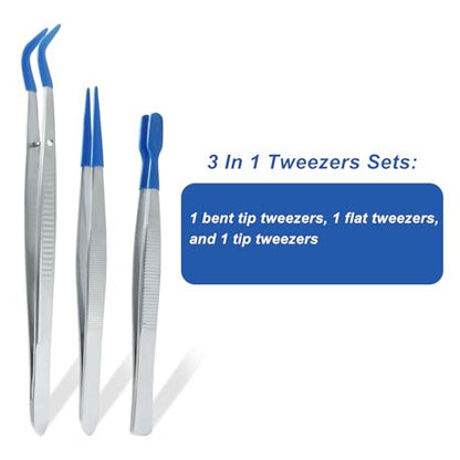 3 Pack Curved Tweezers, Silicone Rubber Bent Tip PVC Coated Soft Tip Tweezers, Non Marring Stainless Steel Tools for Jewelry Crafts/Electronics